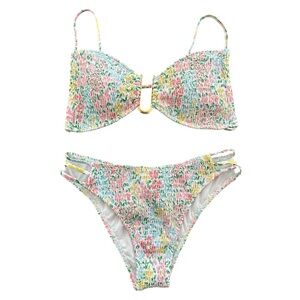 Colorful Floral Smocked Bikini High Cut Bandeau Top Swim Beach Co…